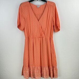 Lucky Brand Fit & Flare‎ Dress Womens L Pink Floral Ruffle Surplice Short Sleeve